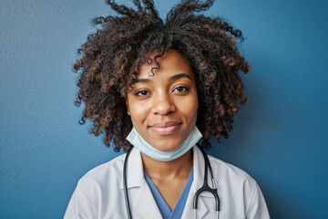 Portrait of young adult Black woman doctor looking into camera, wearing medical coat and stethoscope, standing against blue wall, smiling with mask under chin