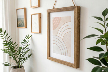 Bohemian rainbow art print in wooden frame hanging on wall with plants isolated on white background