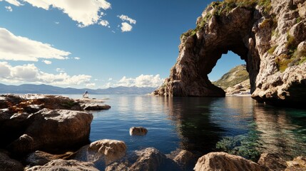 Rugged Coastline with Natural Stone Arch, dramatic cliffs meeting the ocean, showcasing the beauty of unspoiled nature and geological formations