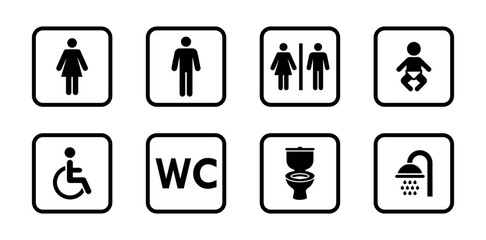 Washroom signs. Restroom or toilet door sign set containing gents, ladies, disabled, baby changing. Printable sticker. Transparent vector illustration.