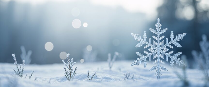 Large Crystal Snowflake in Snowy Winter Landscape with Frost Covered Plants