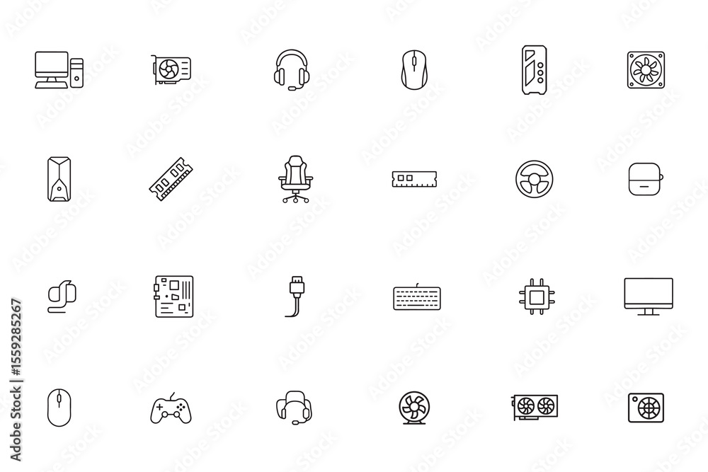 Fototapete gaming and computer hardware thin line icon set. symbols for pc components and gamer peripherals