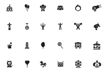 Circus and carnival glyph icon set. Entertainment and funfair symbols