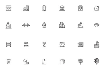 City and urban life thin line icon set. Symbols for buildings, real estate, and cityscape