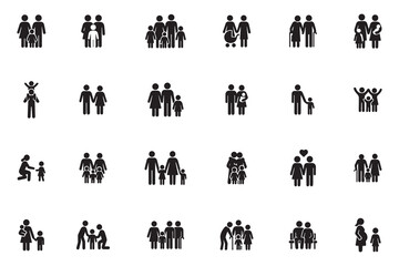 Family and people glyph icon set. Symbols for parents, children, couples, and relationships