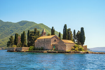 Beautiful sunny Mediterranean landscape. Montenegro, Adriatic Sea. View of Bay of Kotor and small...