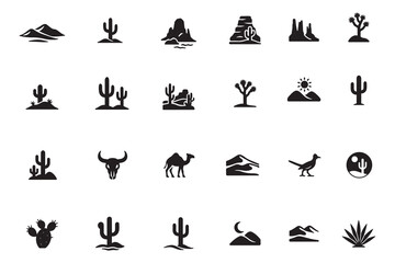 Desert and Western glyph icon set. Cactus, landscape, and wild animal symbols