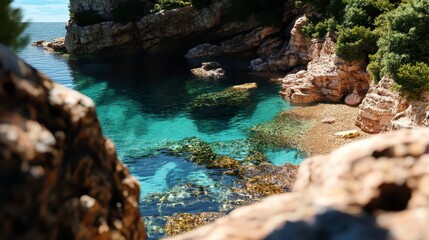 Cliffside Vista Overlooking Turquoise Lagoon, dramatic cliffs rise above serene waters, lush greenery frames the vibrant blue expanse, tranquil escape