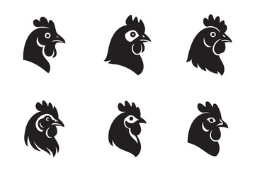 Rooster and chicken head silhouette set. Poultry farm logo and icon collection © Authay
