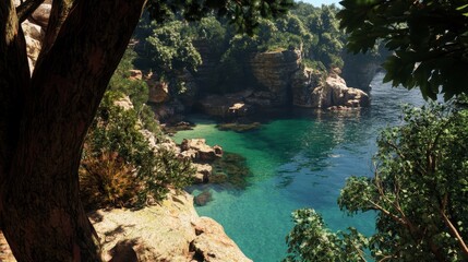 Cliffside Vista Overlooking Turquoise Lagoon, a breathtaking view showcasing vibrant waters and rugged cliffs under a clear sky