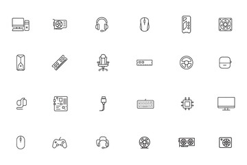 Gaming and computer hardware thin line icon set. Symbols for PC components and gamer peripherals