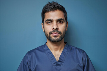Portrait of young adult South Asian man wearing medical scrubs looking directly at camera, facial hair visible, neutral expression, standing against plain blue background