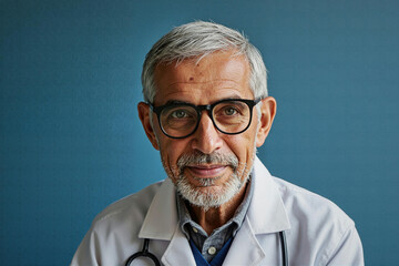 Portrait of senior Caucasian man wearing glasses and medical coat looking into camera, stethoscope around neck, showing gentle smile, representing experienced doctor