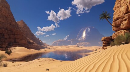 Sandy desert landscape, rippled dunes stretching under a clear blue sky, serene and expansive, evoking the vastness of nature's beauty