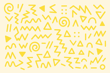 Memphis style retro 80s pattern with abstract hand-drawn yellow geometric shapes