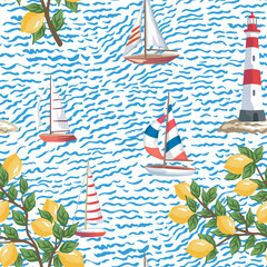 Sailboat, lighthouse, lemon branch, sea wave seamless pattern. Summer marine wallpaper.