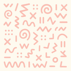 Abstract Memphis style pattern with hand-drawn doodle shapes, retro 80s 90s aesthetic vector background