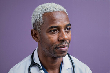 Portrait of middle aged Black man wearing medical coat and stethoscope, looking slightly away from camera, showing calm expression, representing professional doctor in healthcare setting