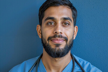Portrait of young adult South Asian man with beard looking into camera wearing stethoscope around neck standing against blue background representing medical professional