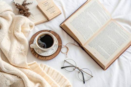 Cozy morning with coffee book and blanket isolated on white background