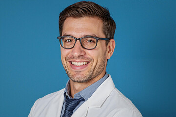 Portrait of young adult Caucasian man smiling and looking at camera, wearing eyeglasses and lab coat, presenting confident professional doctor against plain blue background