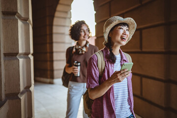 japanese woman use mobile phone walk with suitcase and touring city