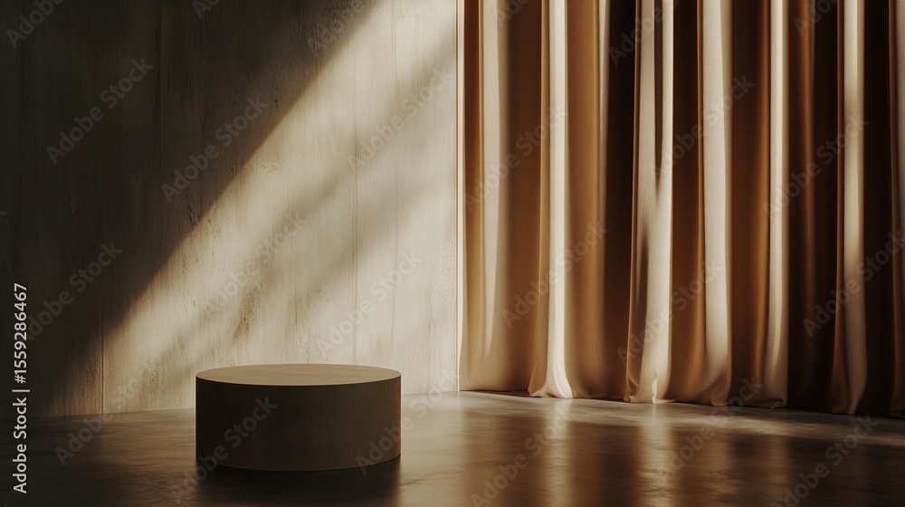 Poster sunlight illuminating a minimalistic interior with a round display platform and soft drapery in a mo