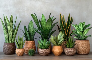 A variety of potted plants arranged on an elegant wooden table against the backdrop of a plain wall, showcasing different types and sizes of houseplants