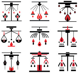 Abstract vector fire suppression system icons: industrial design.