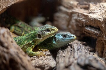 Fototapeta premium Two European green lizards one green yellow and the other blue green resting close together on rocks within an enclosure