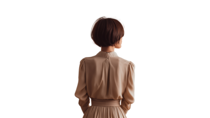 Minimalist fashion portrait of a woman with short hair, wearing neutral tones, back view, waist-up, isolated, PNG