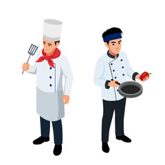 Isometric Chefs Holding Cooking Utensils and Ingredients