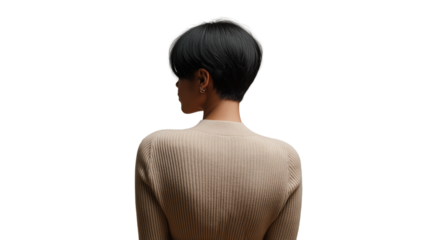 Minimalist fashion portrait of a woman with short hair, wearing neutral tones, back view, waist-up, isolated, PNG