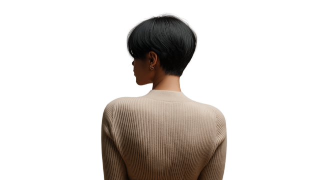 Minimalist fashion portrait of a woman with short hair, wearing neutral tones, back view, waist-up, isolated, PNG