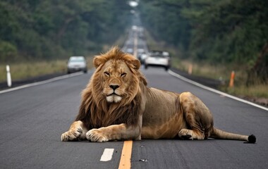 A big male lion sitting in the middle of the road