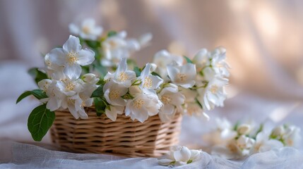 Close-up of delicate jasmine blossoms arranged in a woven basket against a softly blurred background