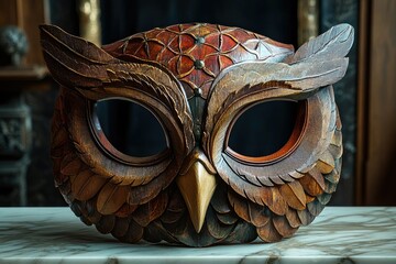 An intricately carved wooden owl mask with detailed feathering and large, empty eye sockets, sitting on a marble surface.