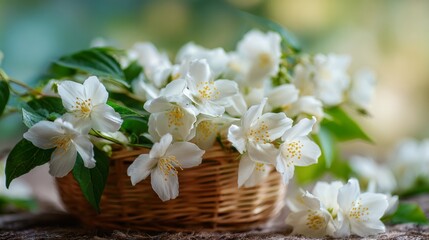 Close-up of delicate jasmine blossoms arranged in a woven basket against a softly blurred background