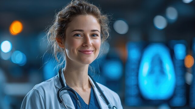 Confident female doctor standing in a modern operating room looking upwards with surgical lights behind her - Powered by Adobe