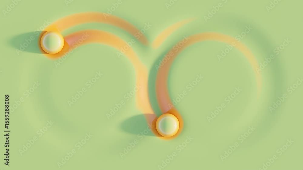 Poster abstract top-view 3d animation of green balls rolling along dual circular paths on a soft surface, g