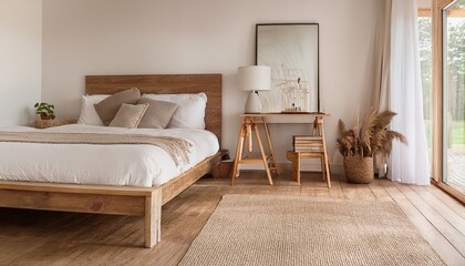 rustic modern farmhouse interior design with hardwood floor white bedroom with furnishings natural wooden tables contemporary style