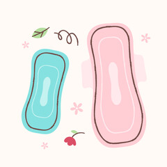 Winged sanitary pads and panty liners. Illustration of disposable sanitary products for women.