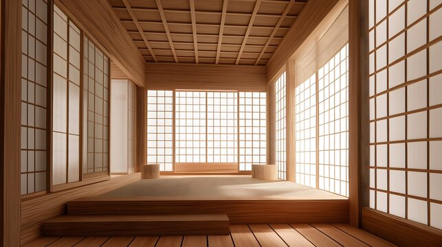 Traditional Japanese room wooden interior shoji screens tatami