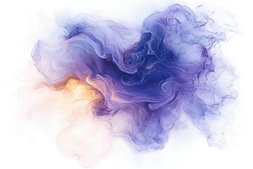 Fototapeta premium Abstract smoky cloud of purple, blue and gold colors drifting on a white background, creating a dreamy, ethereal feel.