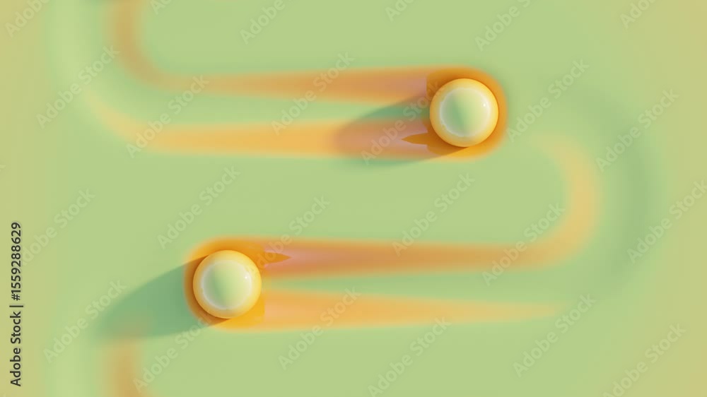 Poster abstract 3d seamless loop animation of green spheres zigzagging across soft green surface, leaving b