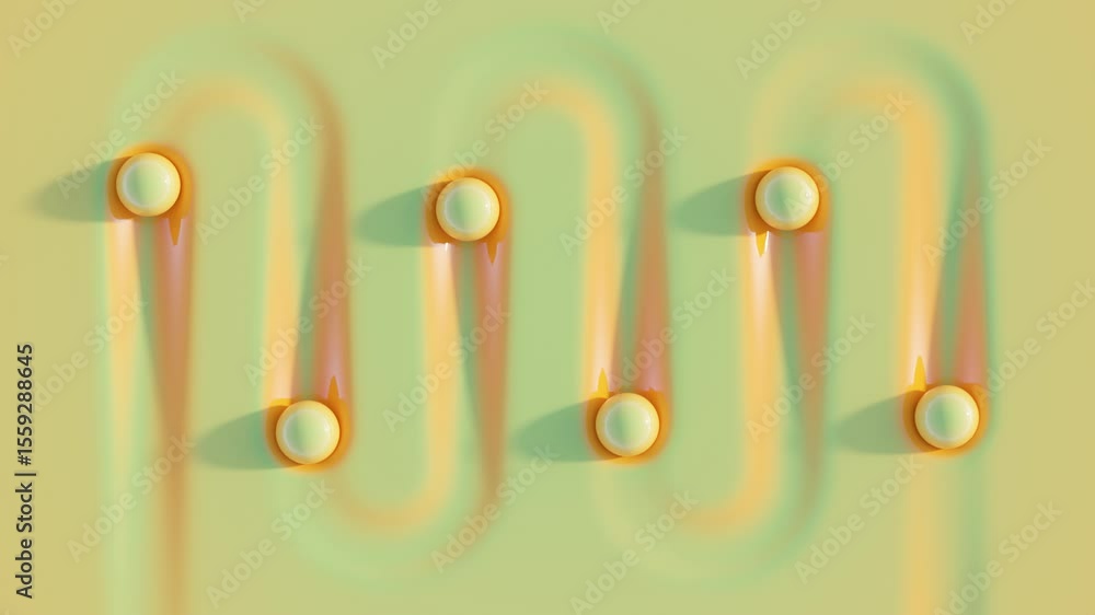 Aufkleber green balls move in zigzag pattern over soft-textured green surface, leaving fading orange traces. s