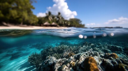 Fototapeta premium Split View Ocean Scene Showing Underwater Coral Reefs Turquoise Water and Clear Sunny Sky with Blurred Beach in Background