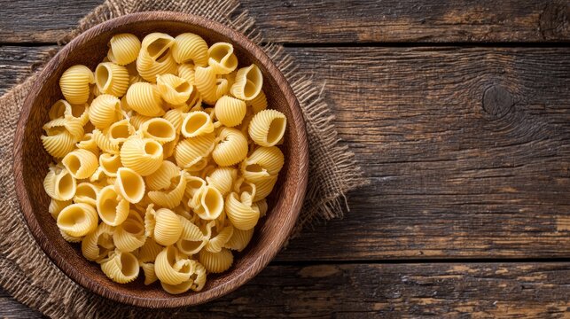 Overhead image of a bowl filled with uncooked horns pasta on a wooden tabletop, with space for text