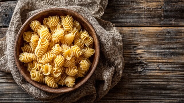 Overhead image of a bowl filled with uncooked horns pasta on a wooden tabletop, with space for text