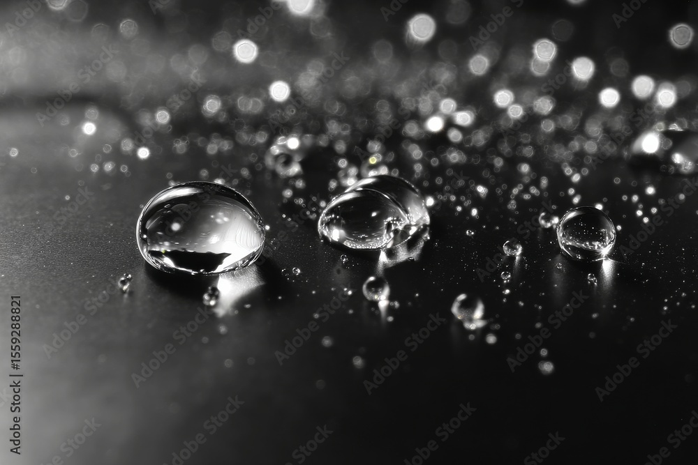 Poster water droplets on a reflective surface create captivating patterns in low light